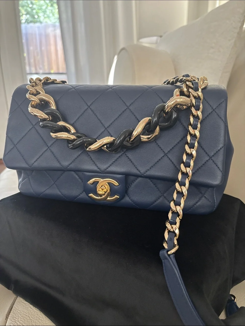 CHANEL Navy Quilted Shoulder Bag with Gold Hardware